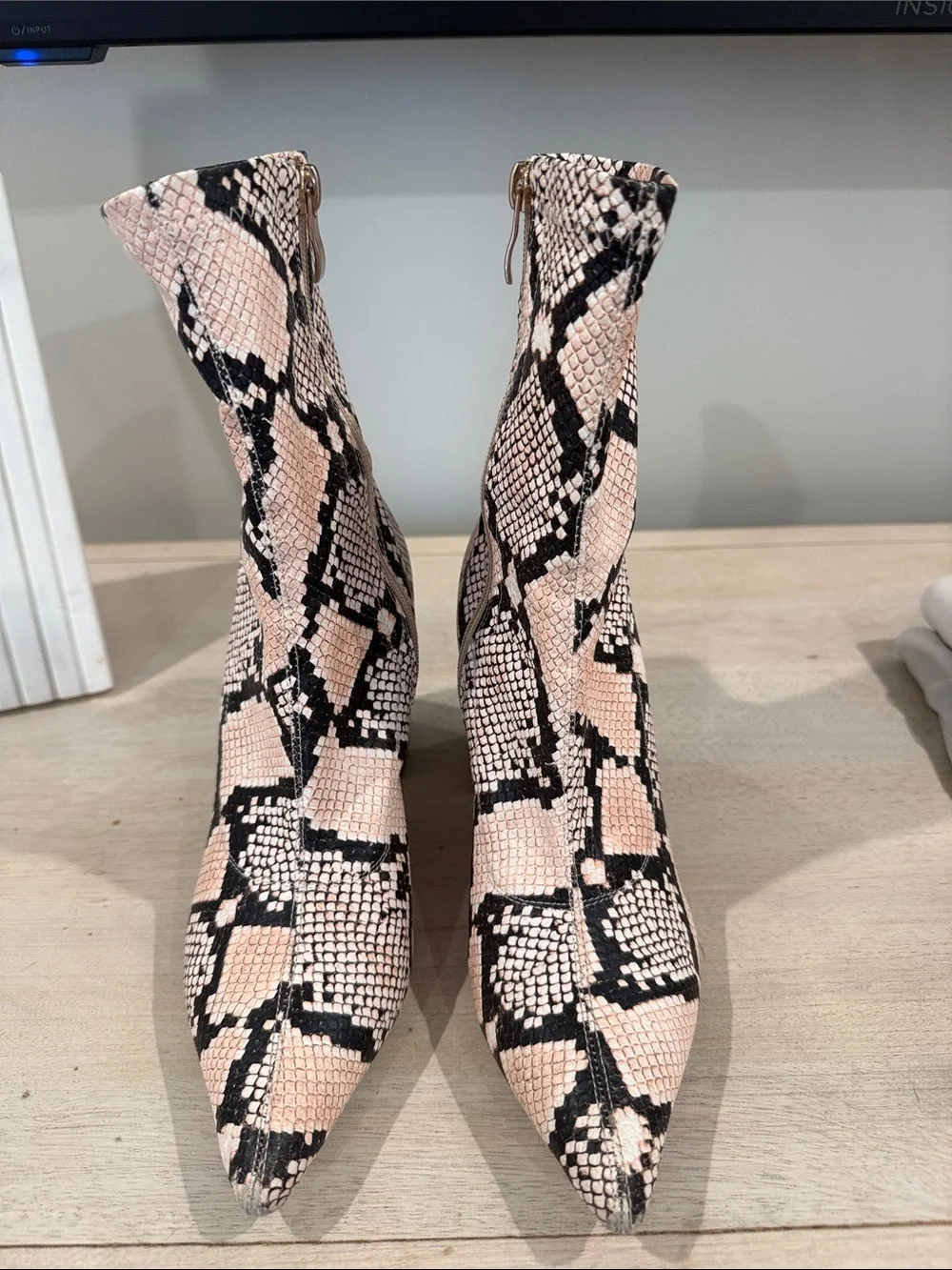 PrettyLittleThing Pink and Black Snake-Print Pointed Ankle Boots